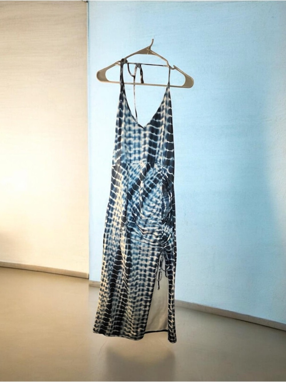 SHEIN Blue and White Tie-Dye Backless Halter Maxi Dress